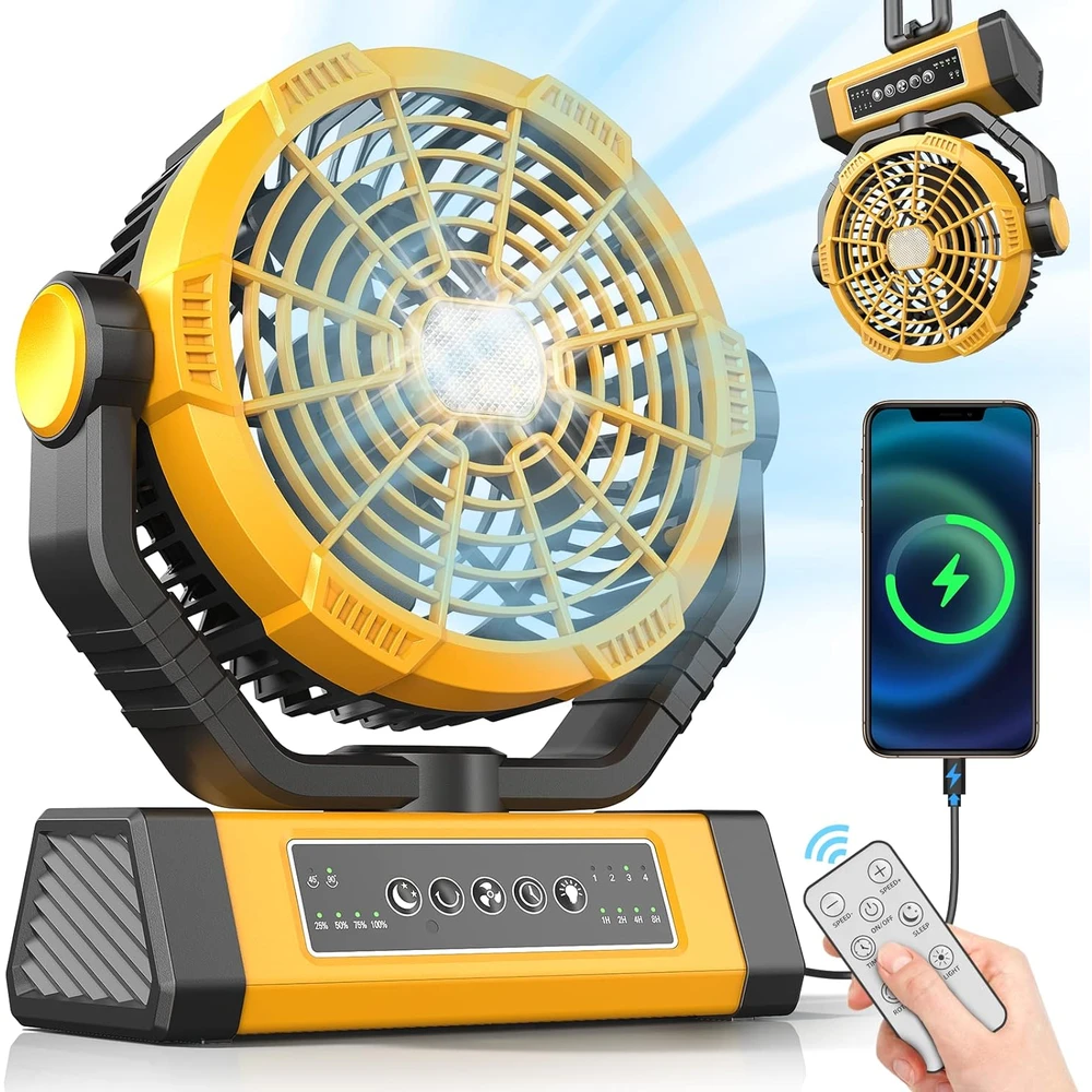 VENTILADOR DE CAMPING 3 EN 1 FRIZCOL - RECARGABLE - POR BATERÍA DE 20000 MAH DE 9" (60 HORAS) - USB CON LUZ Y CONTROL REMOTO