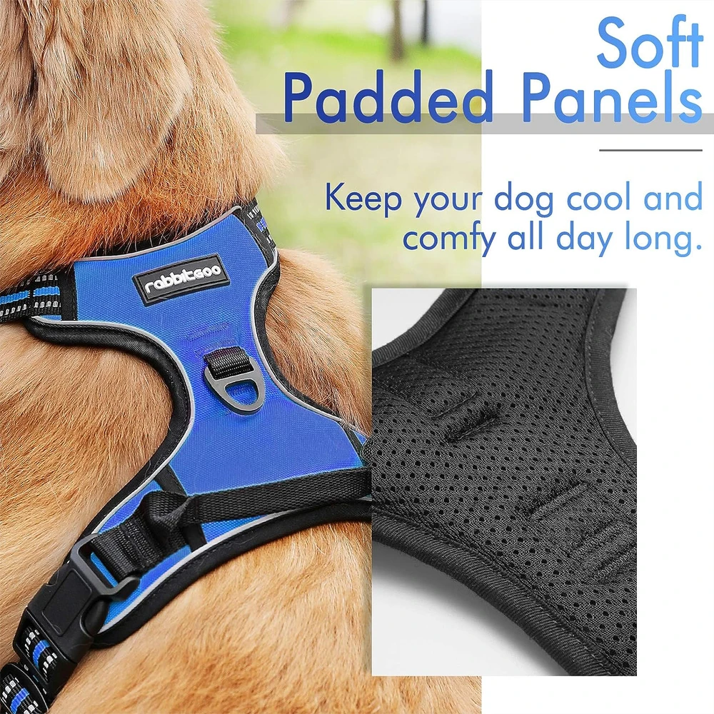 Rabbitgoo Arnés Para Perros sin Tirones Con 2 Clips De Correa acolchado suave ajustable con Manija, Azul Deslumbrante, L
