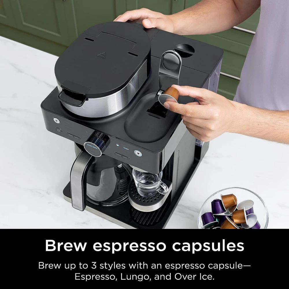 CAFETERA NINJA CFN601 ESPRESSO & COFFEE BARISTA SYSTEM, JARRA DE 12 TAZAS, ESPUMADOR INTEGRADO, NEGRO Y ACERO INOXIDABLE