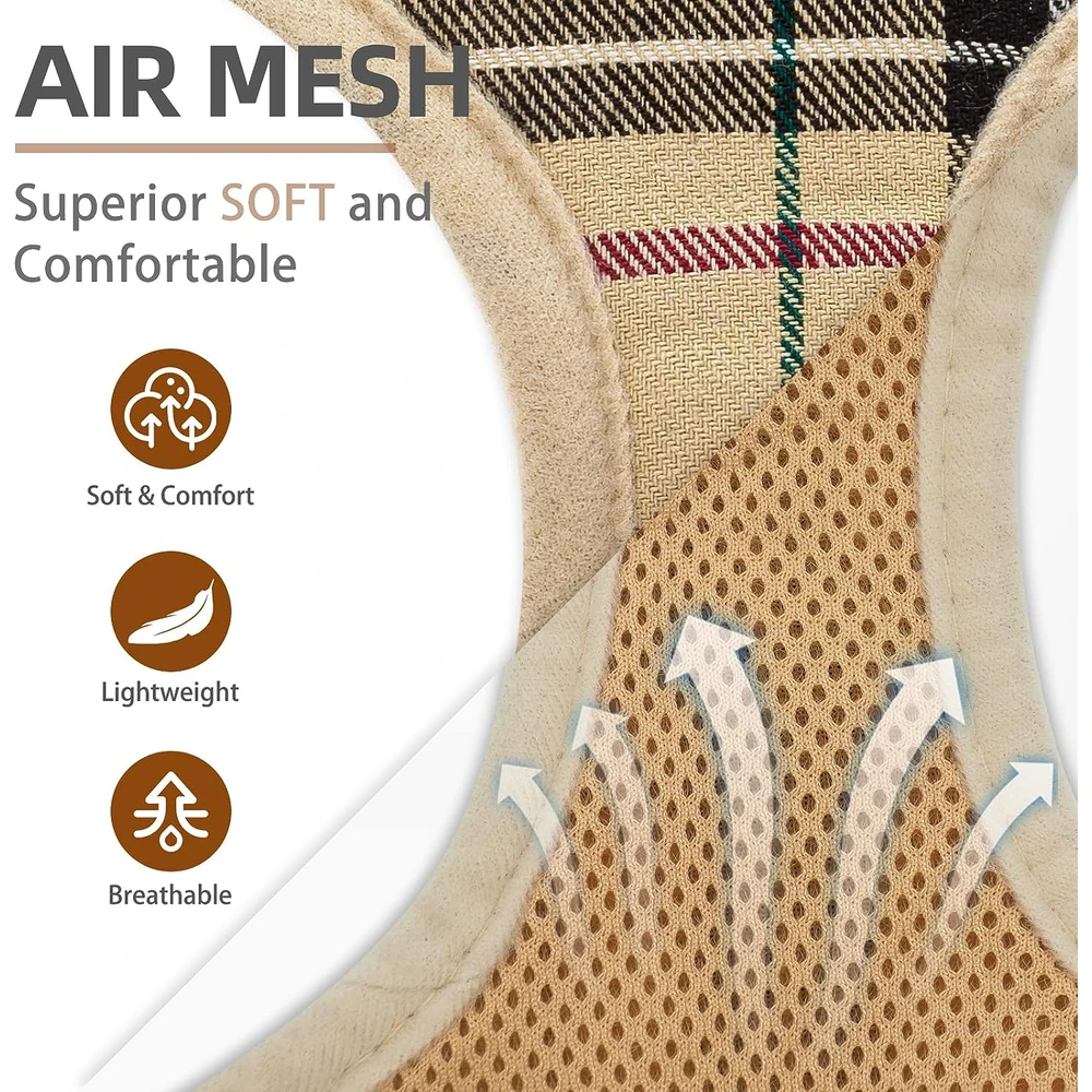 Pupteck juego de arnés y correa de malla suave para mascota Chaleco Acolchado Cómodo Arneses Sin Tirones, Beige, L