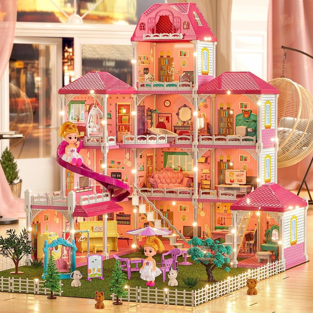 TEMI Dream House Doll 4 pisos 12 habitaciones casa de juegos con 2 muñecas