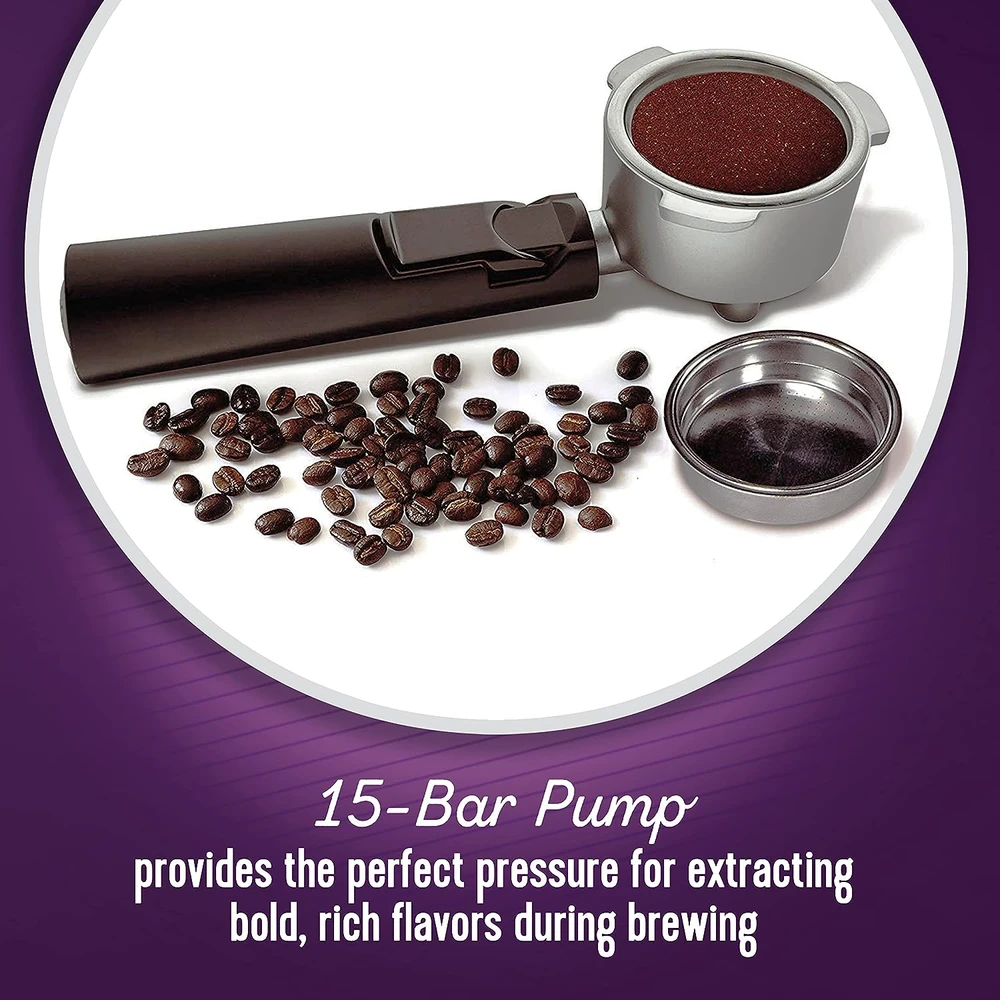 CAFETERA MR.COFFEE DE ESPRESSO Y CAPUCHINO,PROGRAMA ESPUMADOR DE LECHE AUTOMÁTICO Y BOMBA DE 15 BARES,ACERO INOXIDABLE,PLATEADO