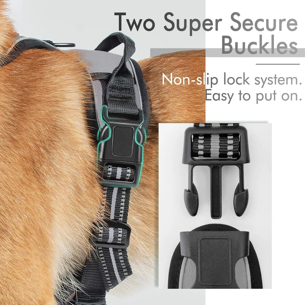 Rabbitgoo Arnés Para Perros sin Tirones Con 2 Clips De Correa acolchado suave ajustable con Manija Para Perros Grandes, Gris, Xl