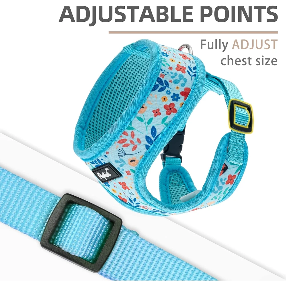 Pupteck juego de arnés y correa de malla suave para mascota Chaleco Acolchado Cómodo Arneses Sin Tirones, Floral Azul, S