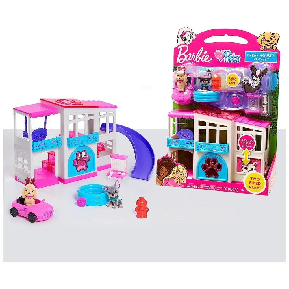 Barbie pet Dreamhouse juego de 2 caras 10 piezas incluye mascotas y accesorios