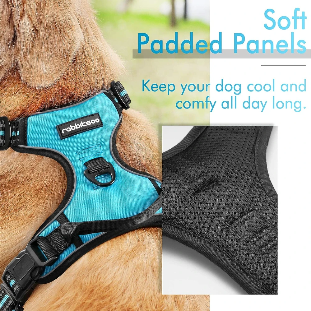 Rabbitgoo Arnés Para Perros sin Tirones Con 2 Clips De Correa acolchado suave ajustable con Manija Para Perros Medianos, Azul, M
