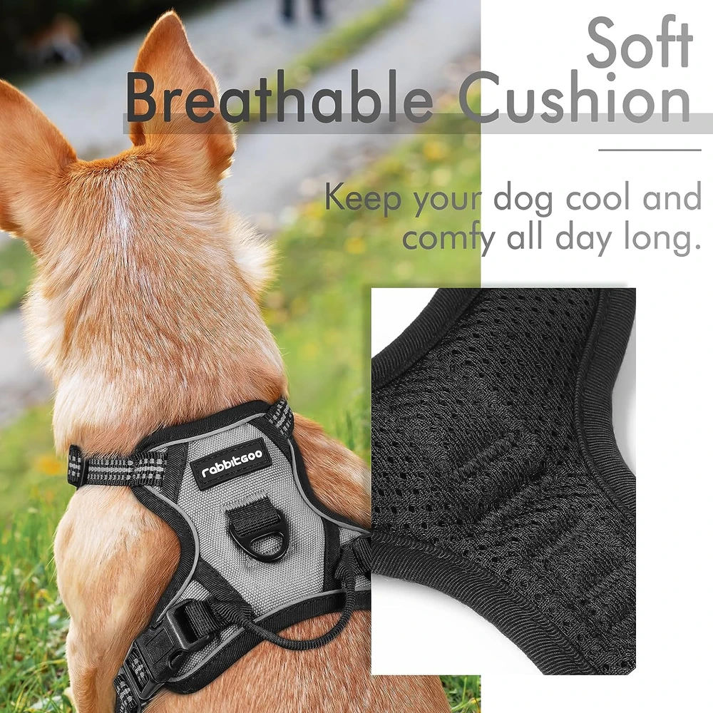 Rabbitgoo Arnés Para Perros sin Tirones Con 2 Clips De Correa acolchado suave ajustable con Manija Para Perros Pequeños, Gris, Xs
