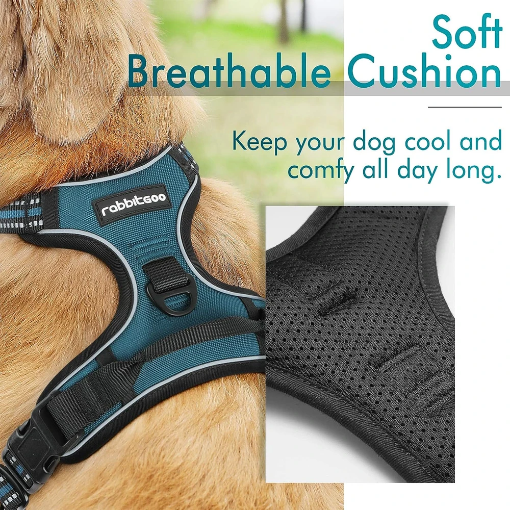 Rabbitgoo Arnés Para Perros sin Tirones Con 2 Clips De Correa acolchado suave ajustable con Manija Para Grandes, Coral Azul, L