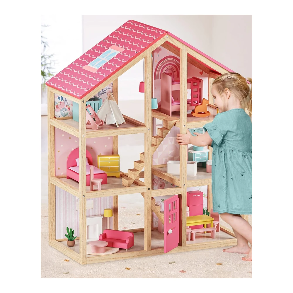 Tiny Land Casa de Muñecas de Madera para Niñas - 6 Habitaciones - Casa de Ensueño de Bricolaje con 30 Accesorios de Muebles