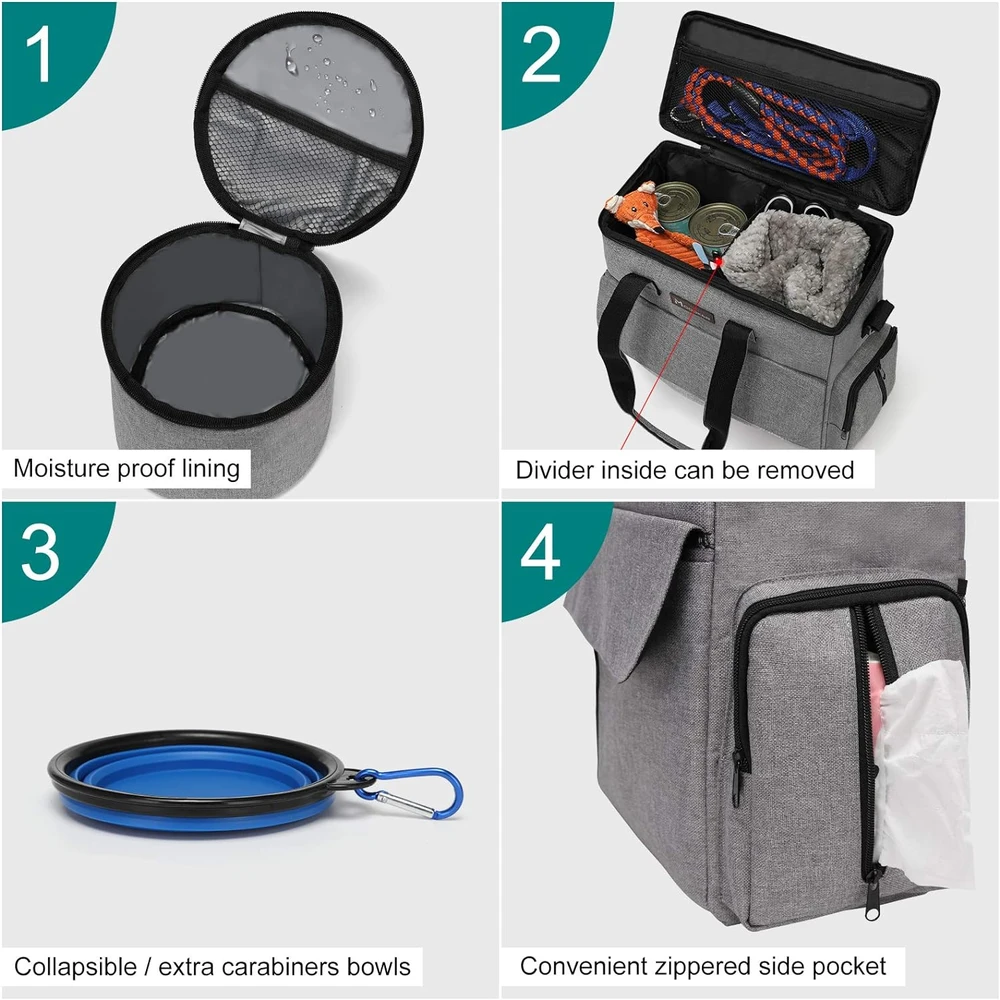 Modoker Bolsa De Viaje Para Perros, Organizador De Bolsas Aprobado Por La Aerolínea Con Bolsillos Multifunción (Gris)