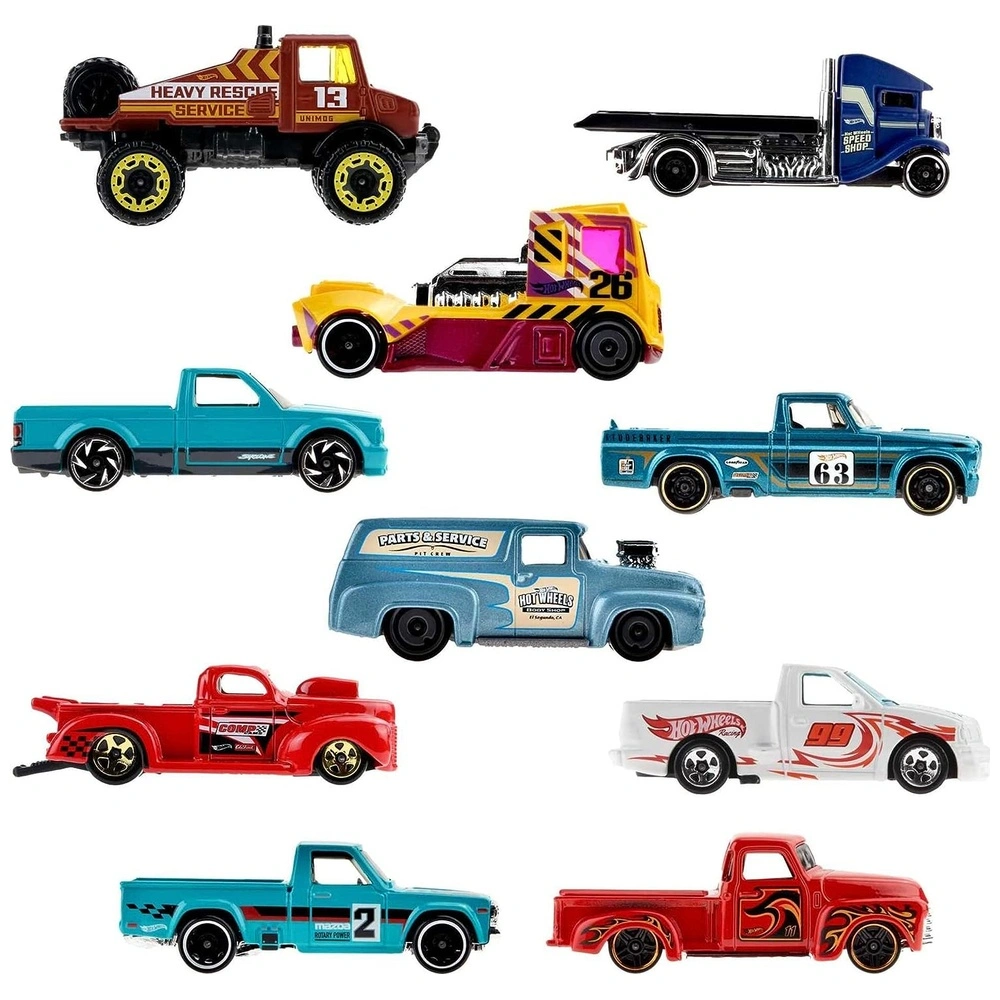 Hot Wheels Pack de 10 Camiones De Juguete Mezcla De Licencia Oficial y Sin Licencia