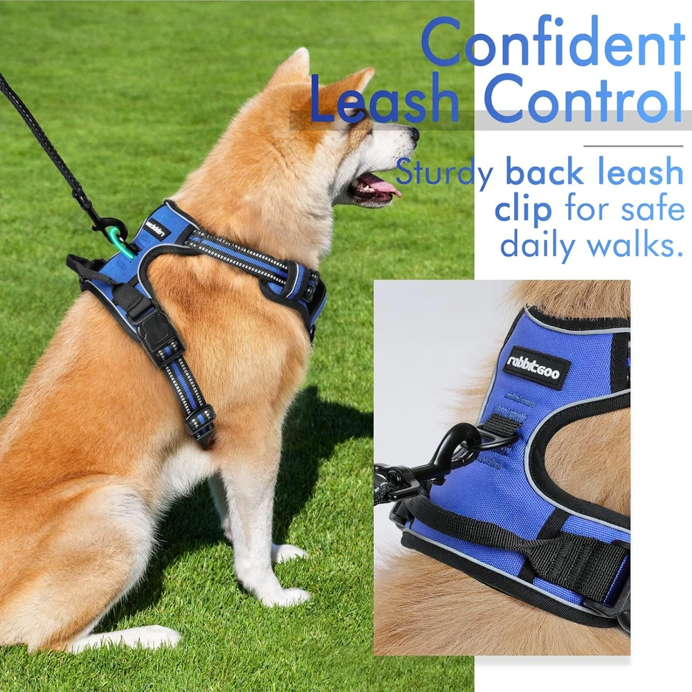 Rabbitgoo Arnés Para Perros sin Tirones Con 2 Clips De Correa acolchado suave ajustable con Manija, Azul Deslumbrante, L
