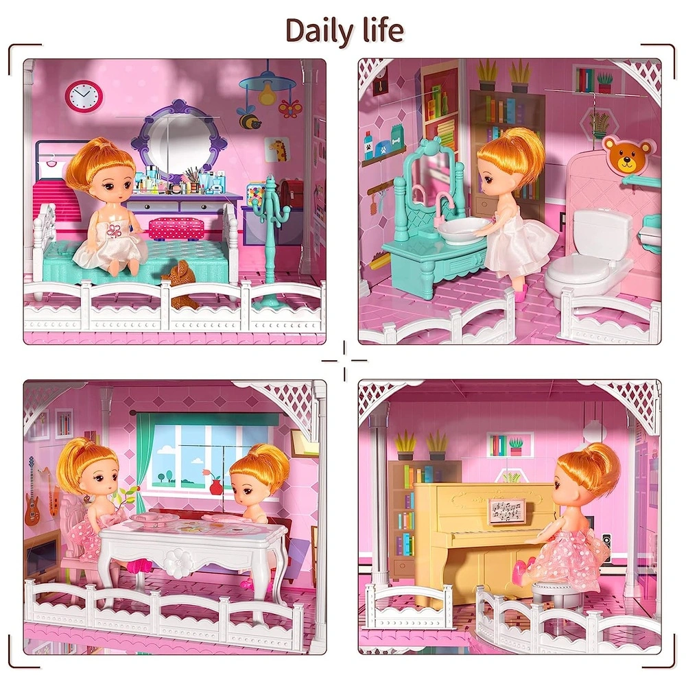 TEMI Dream House Doll 4 pisos 12 habitaciones casa de juegos con 2 muñecas