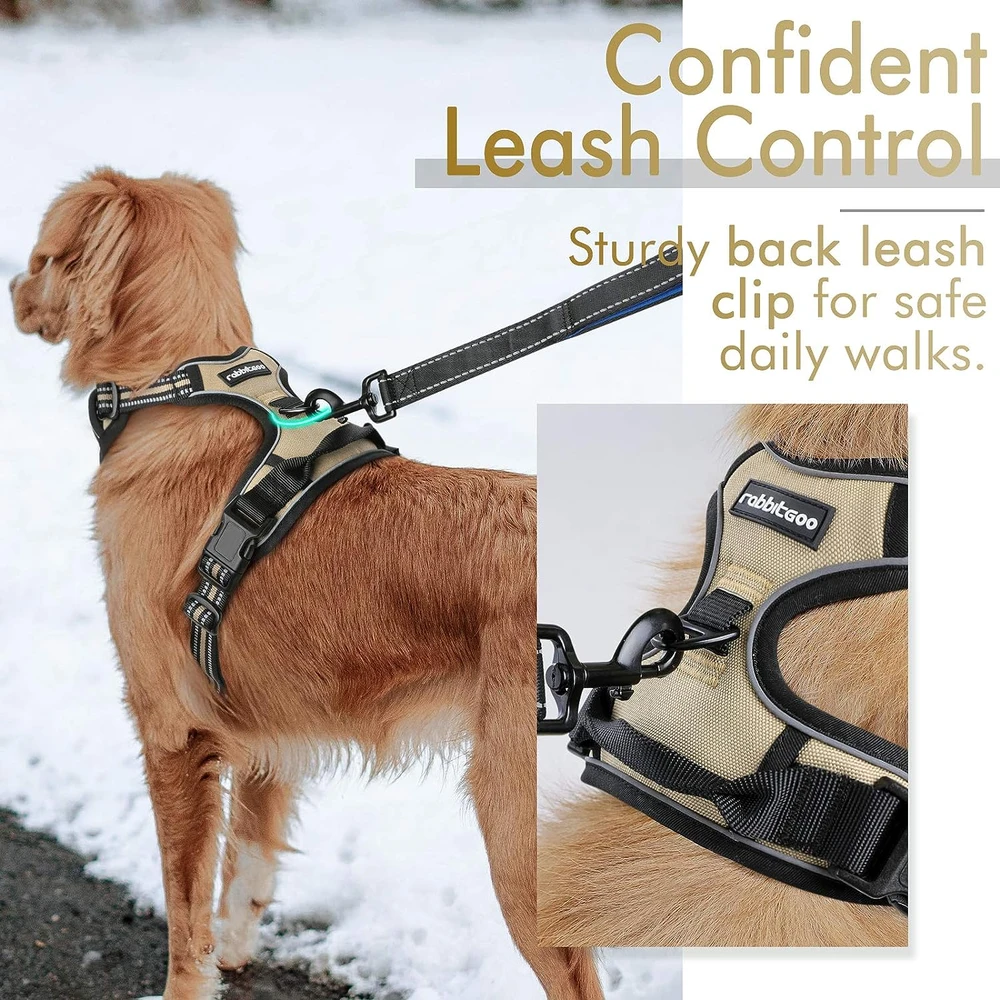 Rabbitgoo Arnés Para Perros sin Tirones Con 2 Clips De Correa acolchado suave ajustable con Manija Para Perros Grandes, Beige, L