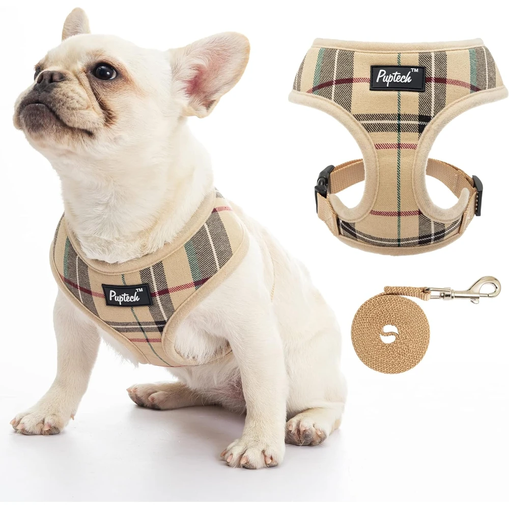 Pupteck juego de arnés y correa de malla suave para mascota Cachorro Gato Chaleco Acolchado Cómodo Arneses Sin Tirones, Beige, Xs