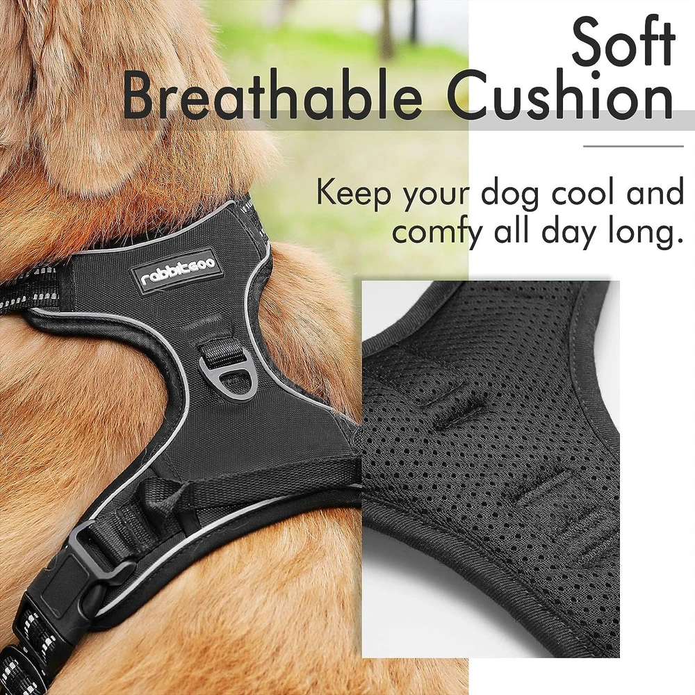 Rabbitgoo Arnés Para Perros sin Tirones Con 2 Clips De Correa acolchado suave ajustable con Manija Para Perros Grandes, Negro, L
