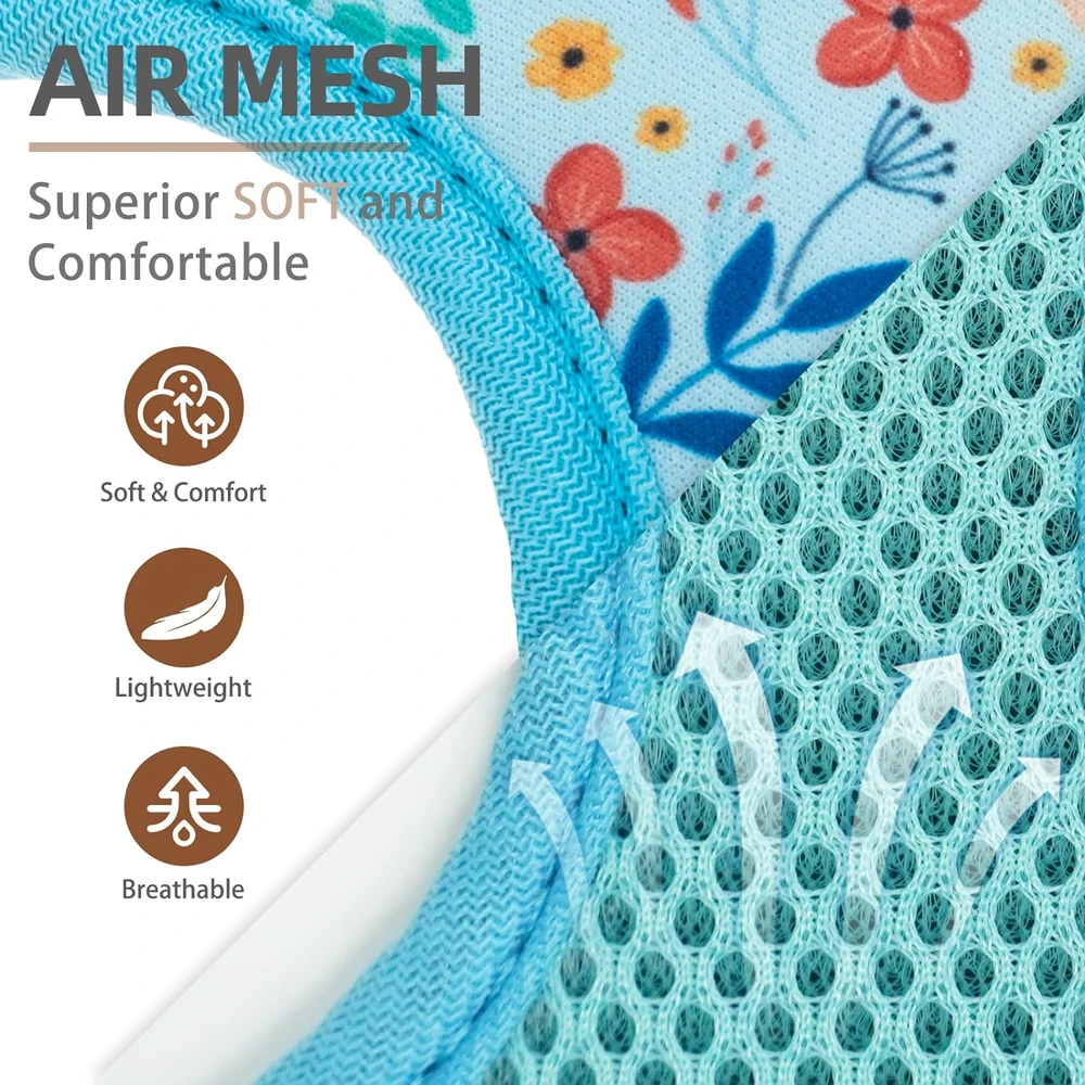 Pupteck juego de arnés y correa de malla suave para mascota Chaleco Acolchado Cómodo Arneses Sin Tirones, Floral Azul, S