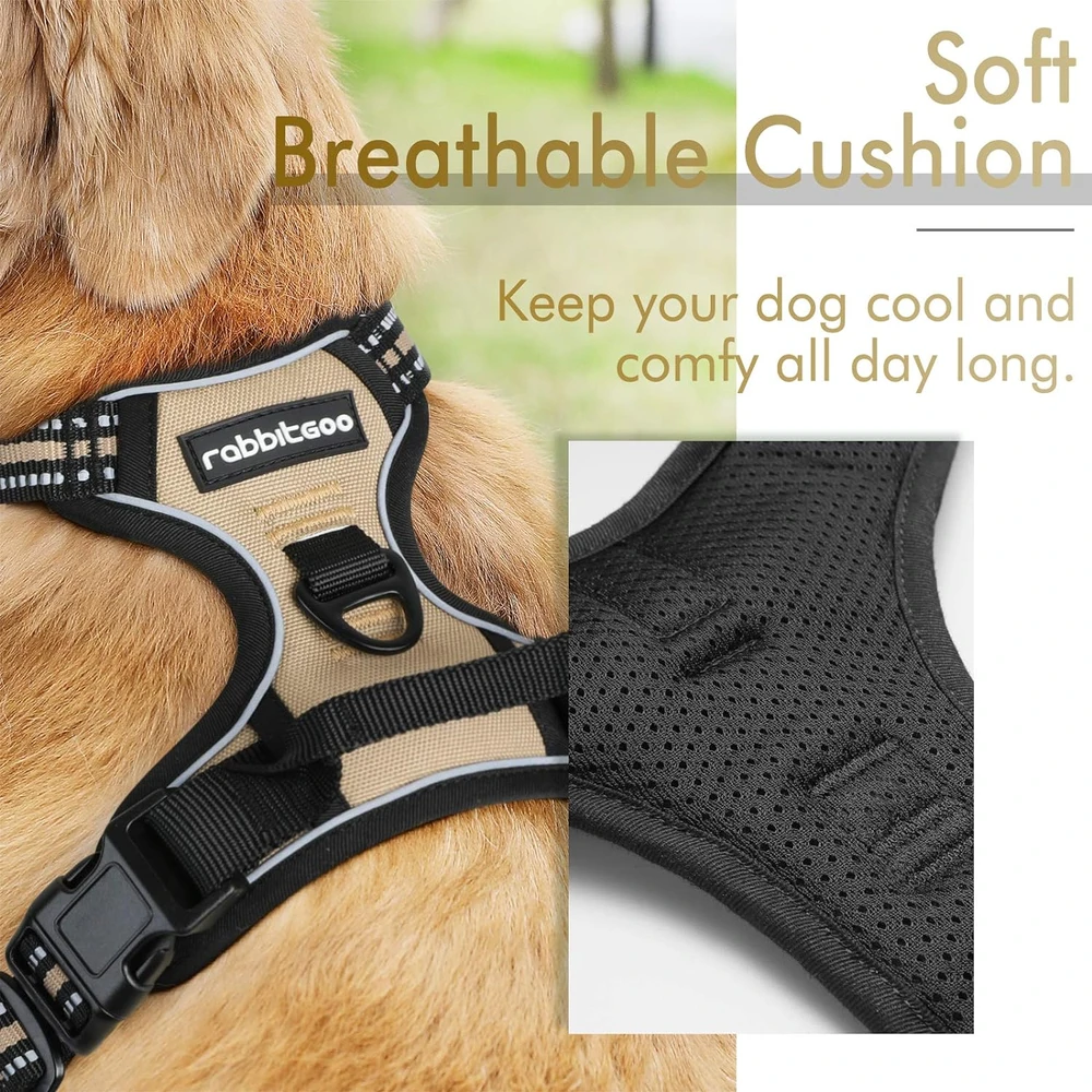Rabbitgoo Arnés Para Perros sin Tirones Con 2 Clips De Correa acolchado suave ajustable con Manija Para Perros Grandes, Beige, L