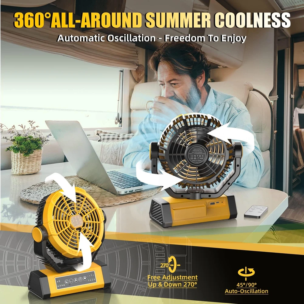 VENTILADOR DE CAMPING 3 EN 1 FRIZCOL - RECARGABLE - POR BATERÍA DE 20000 MAH DE 9" (60 HORAS) - USB CON LUZ Y CONTROL REMOTO