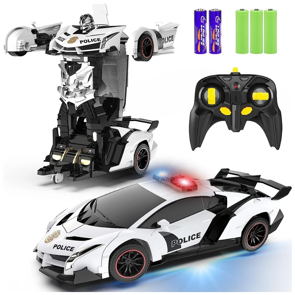 COCHE DE CONTROL REMOTO TRANSFORMABLE CON LUZ POLICÍA ROTACIÓN 360°