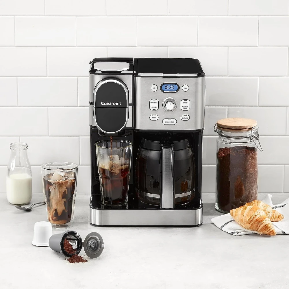 CAFETERA CUISINART, JARRA DE VIDRIO DE 12 TAZAS, AUTOMÁTICA CALIENTE Y HELADA, UN SOLO SERVIDOR, ACERO INOXIDABLE
