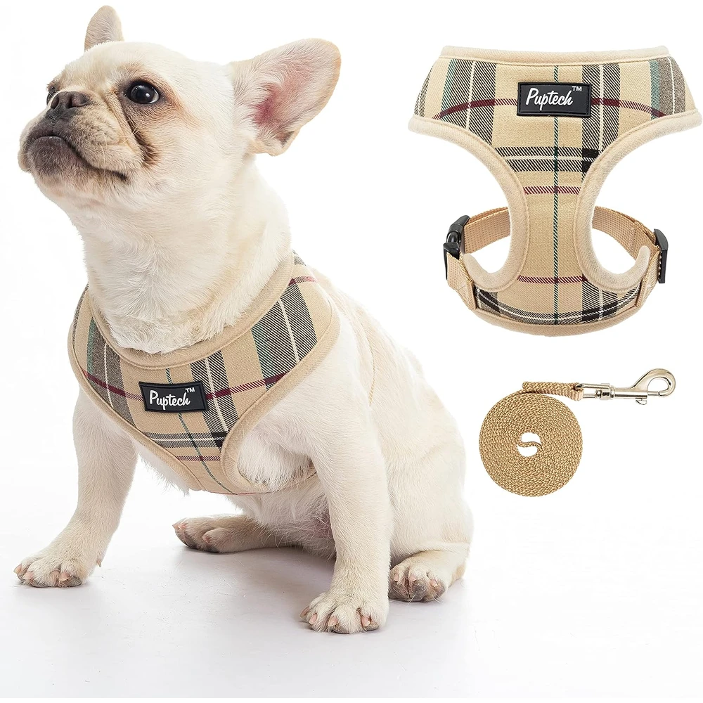 Pupteck juego de arnés y correa de malla suave para mascota Chaleco Acolchado Cómodo Arneses Sin Tirones, Beige, M