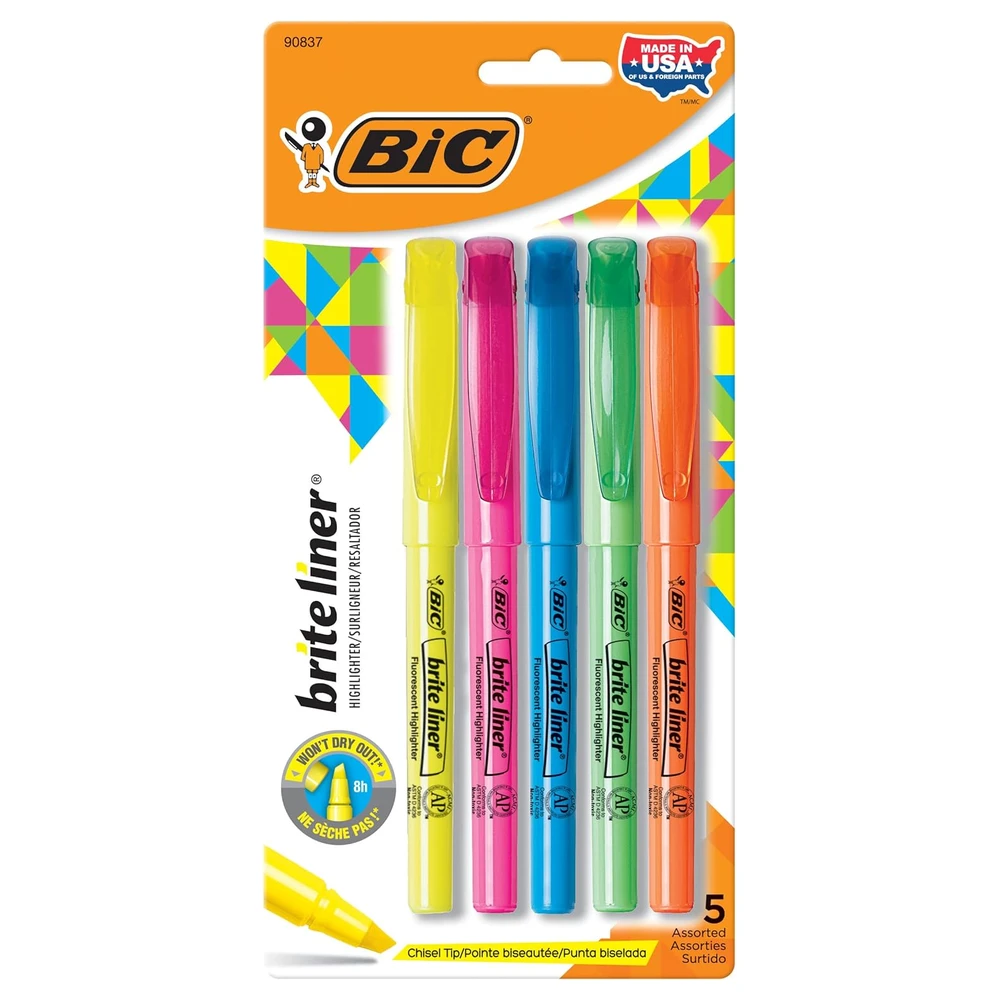 BIC BRITE LINER - RESALTADORES, PUNTA DE CINCEL, PAQUETE DE 5 RESALTADORES DE COLORES SURTIDOS, IDEAL PARA ORGANIZAR Y COLOREAR