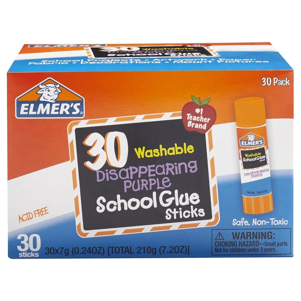ELMER'S DISAPPEARING PURPLE - BARRAS DE PEGAMENTO PARA LA ESCUELA, LAVABLES, 0.25 OZ, 30 UNIDADES
