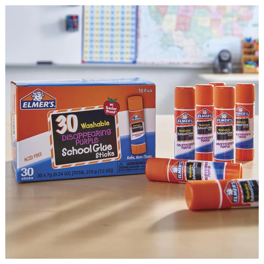 ELMER'S DISAPPEARING PURPLE - BARRAS DE PEGAMENTO PARA LA ESCUELA, LAVABLES, 0.25 OZ, 30 UNIDADES