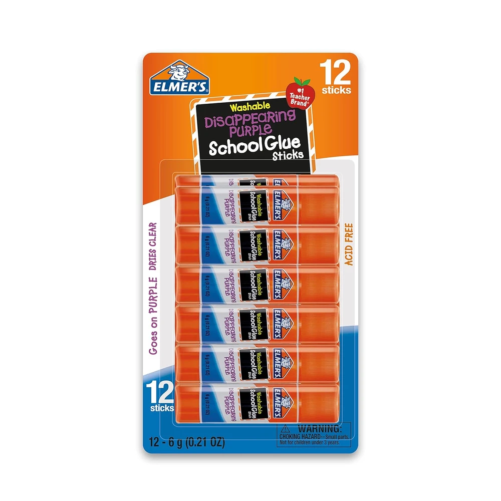 ELMER'S BARRAS DE PEGAMENTO ESCOLAR COLOR MORADO QUE SE DESVANECE, LAVABLE 12 UNIDADES