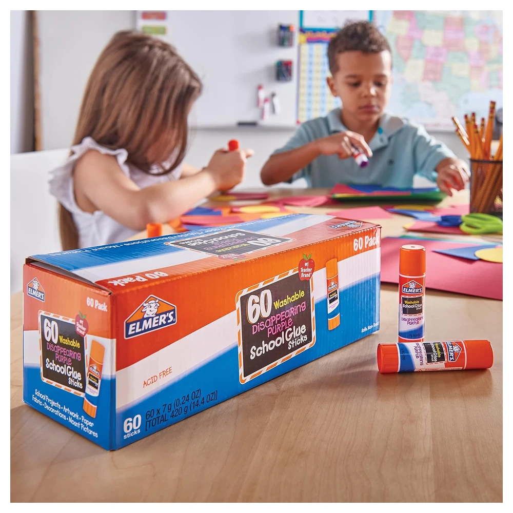 ELMER'S DISAPPEARING PURPLE - BARRAS DE PEGAMENTO PARA LA ESCUELA, LAVABLES, 0.25 OZ, 60 UNIDADES