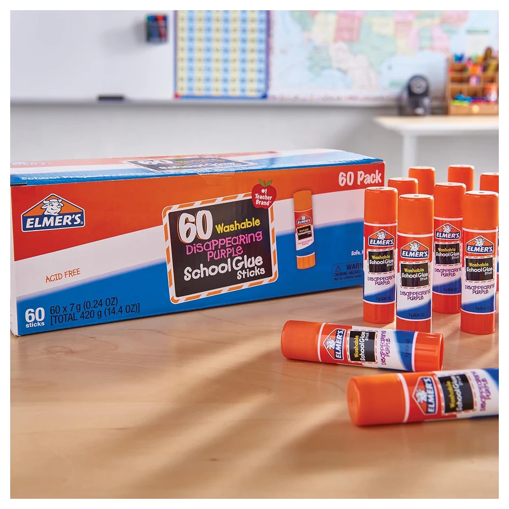 ELMER'S DISAPPEARING PURPLE - BARRAS DE PEGAMENTO PARA LA ESCUELA, LAVABLES, 0.25 OZ, 60 UNIDADES