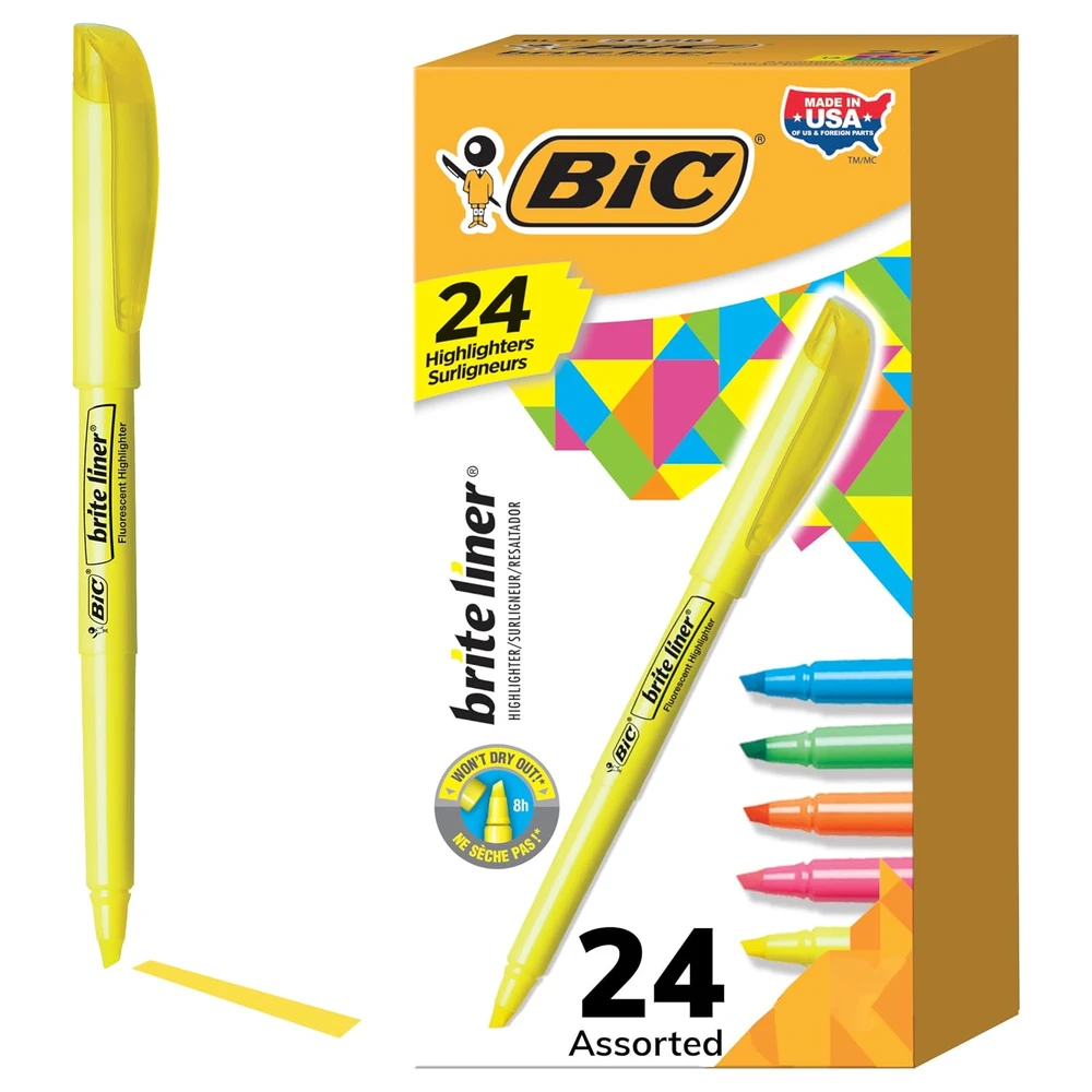 ROTULADORES, PUNTA DE CINCEL, COLORES SURTIDOS, BIC BRITE LINER 24 UNIDADES, VARIADOS