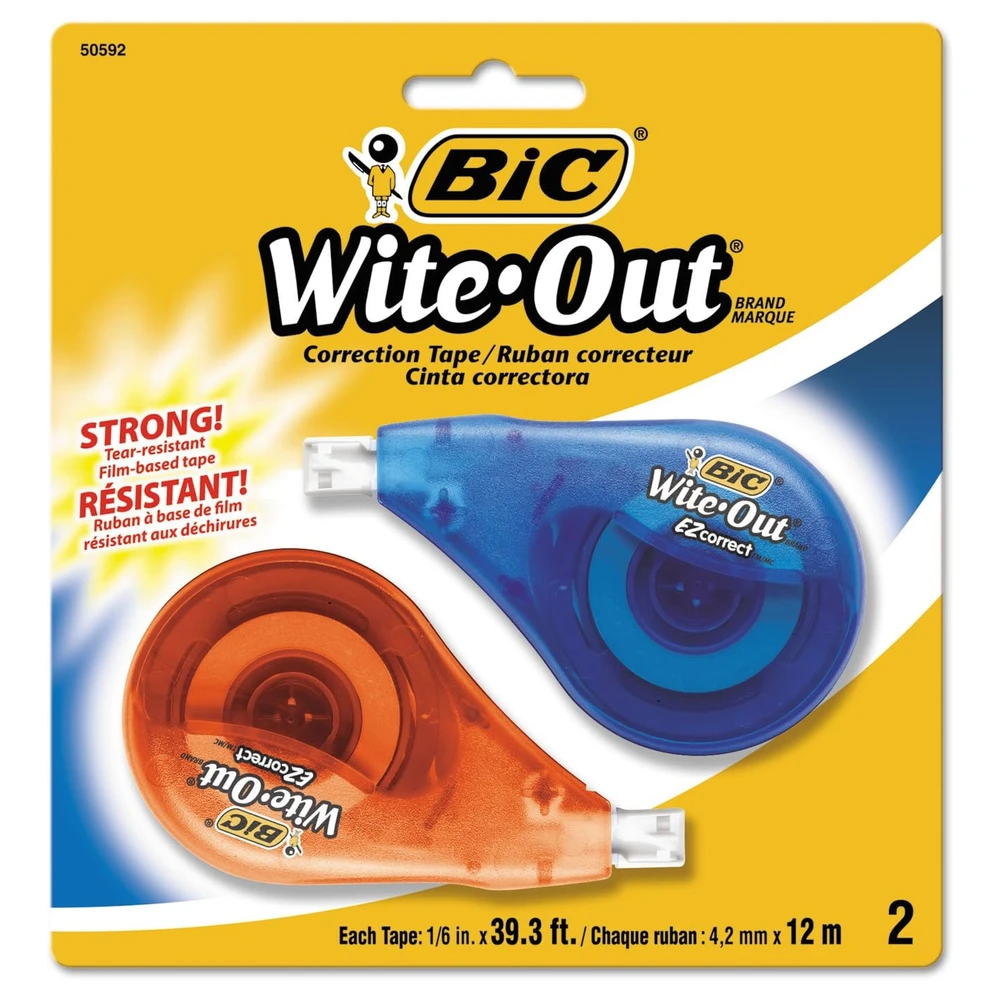 BIC WITE-OUT - CINTA CORRECTORA EZ CORRECT, 39.3 PIES, PAQUETE DE 2 UNIDADES DE CINTA CORRECTORA BLANCA