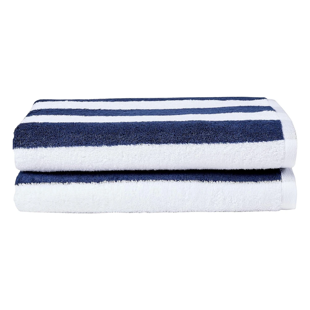 Amazon Basics Cabana Stripe - Toalla de Playa a Rayas, Paquete de 2, Azul Marino, 59.84 Pulgadas de Largo x 29.92" de Ancho