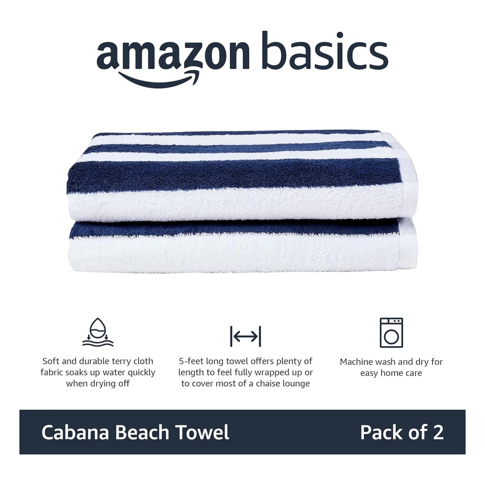 Amazon Basics Cabana Stripe - Toalla de Playa a Rayas, Paquete de 2, Azul Marino, 59.84 Pulgadas de Largo x 29.92" de Ancho