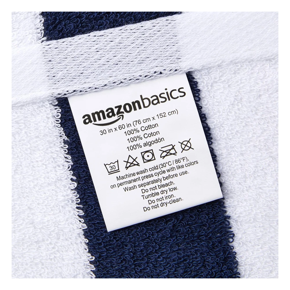 Amazon Basics Cabana Stripe - Toalla de Playa a Rayas, Paquete de 2, Azul Marino, 59.84 Pulgadas de Largo x 29.92" de Ancho