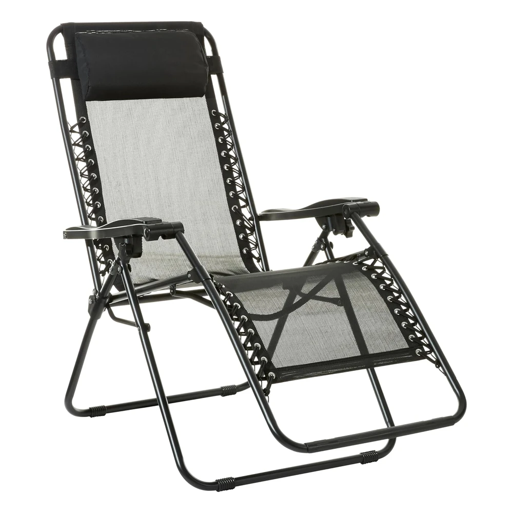 Amazon Basics Silla Reclinable Plegable de Textilene Para Exteriores, Ajustable, Gravedad Cero, con Almohada, 26", Color Negro