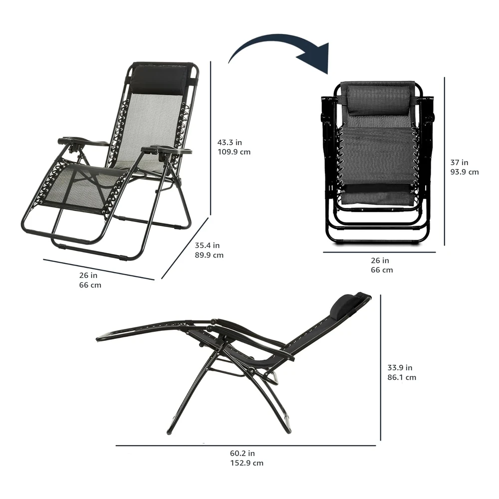 Amazon Basics Silla Reclinable Plegable de Textilene Para Exteriores, Ajustable, Gravedad Cero, con Almohada, 26", Color Negro