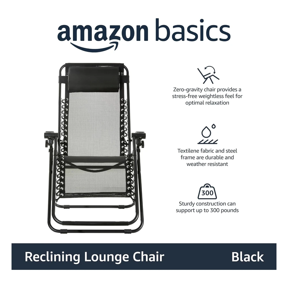 Amazon Basics Silla Reclinable Plegable de Textilene Para Exteriores, Ajustable, Gravedad Cero, con Almohada, 26", Color Negro