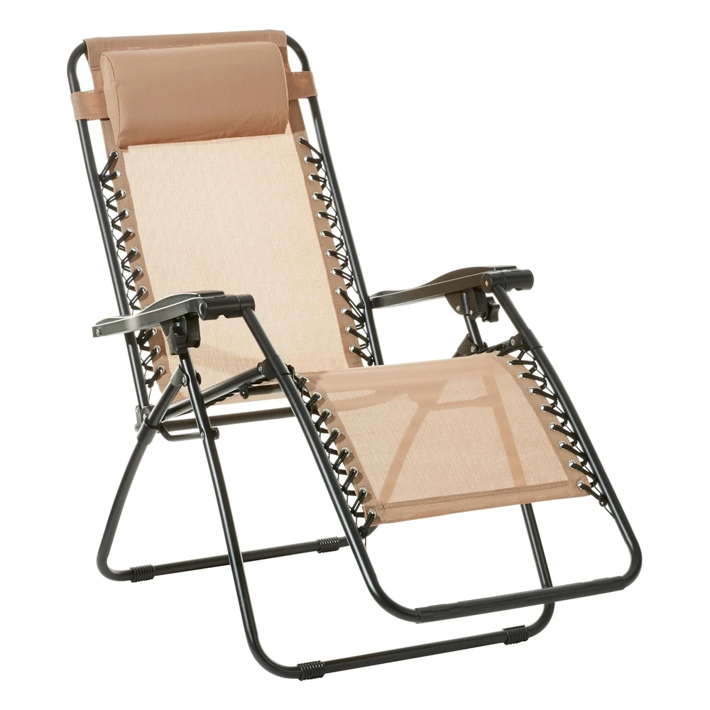 Amazon Basics Silla Reclinable Plegable de Textilene Para Exteriores con Almohada, 26 Pulgadas, Color Beige