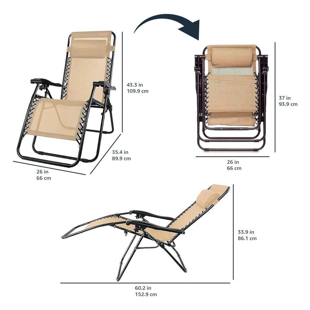 Amazon Basics Silla Reclinable Plegable de Textilene Para Exteriores con Almohada, 26 Pulgadas, Color Beige