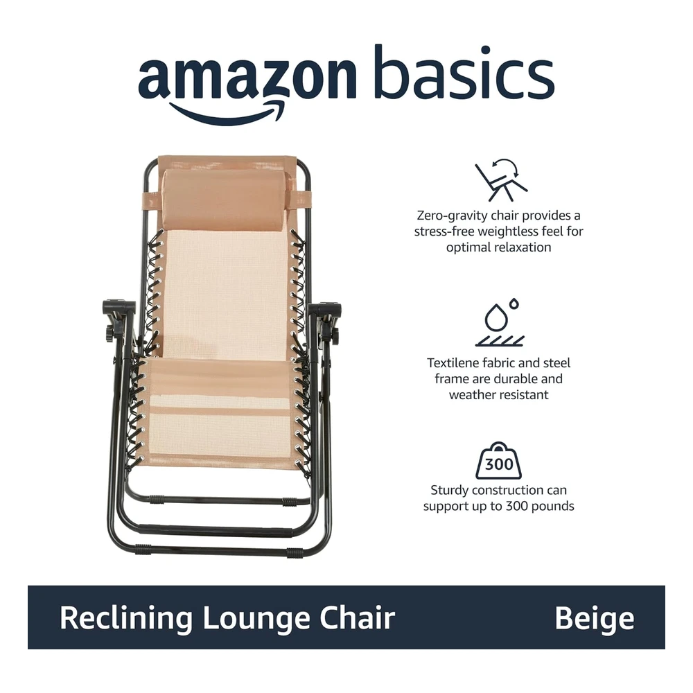 Amazon Basics Silla Reclinable Plegable de Textilene Para Exteriores con Almohada, 26 Pulgadas, Color Beige