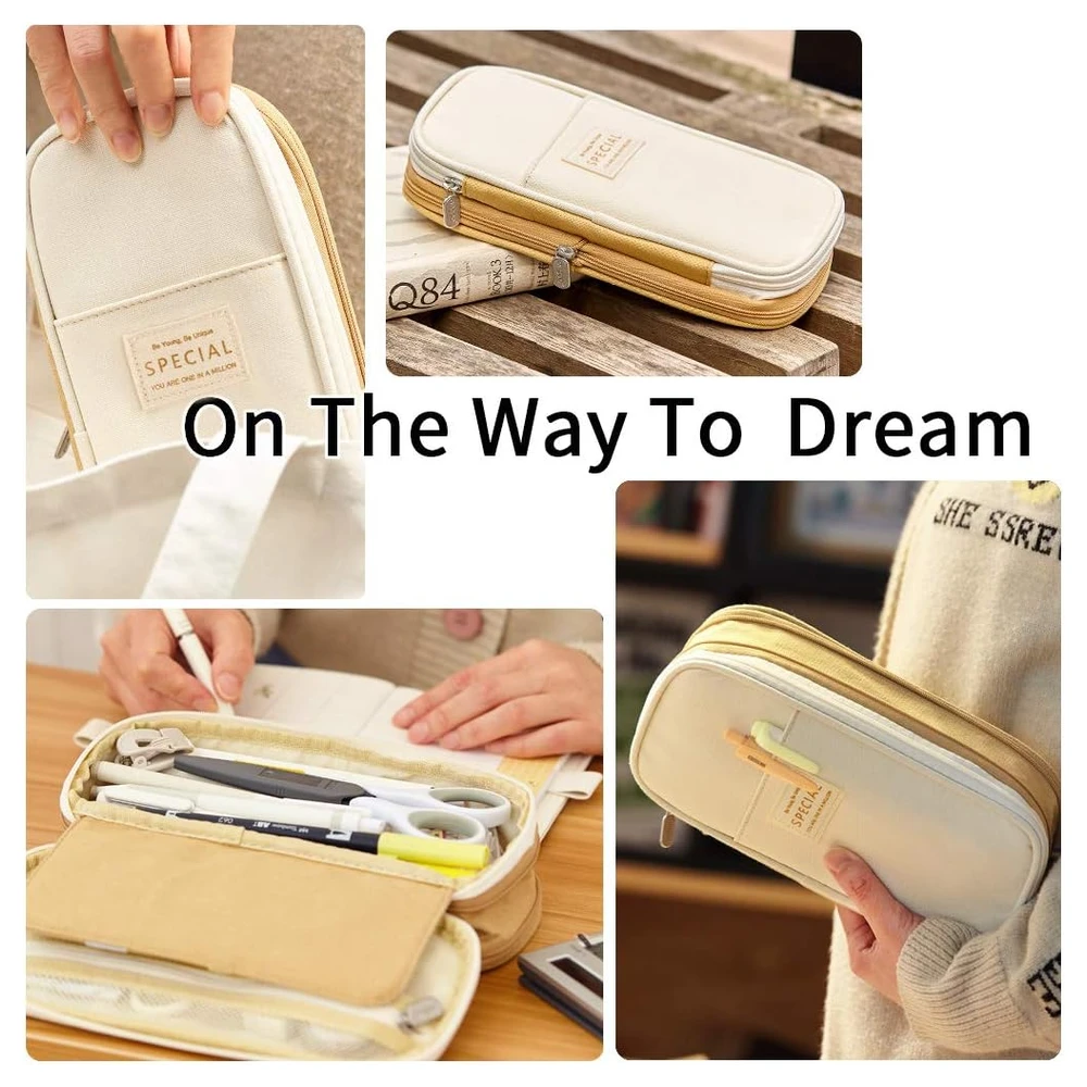 EASTHILL ESTUCHE DE GRAN CAPACIDAD PARA LÁPICES, PARA OFICINA, COLEGIO, GRAN CAPACIDAD DE ALMACENAMIENTO - BEIGE