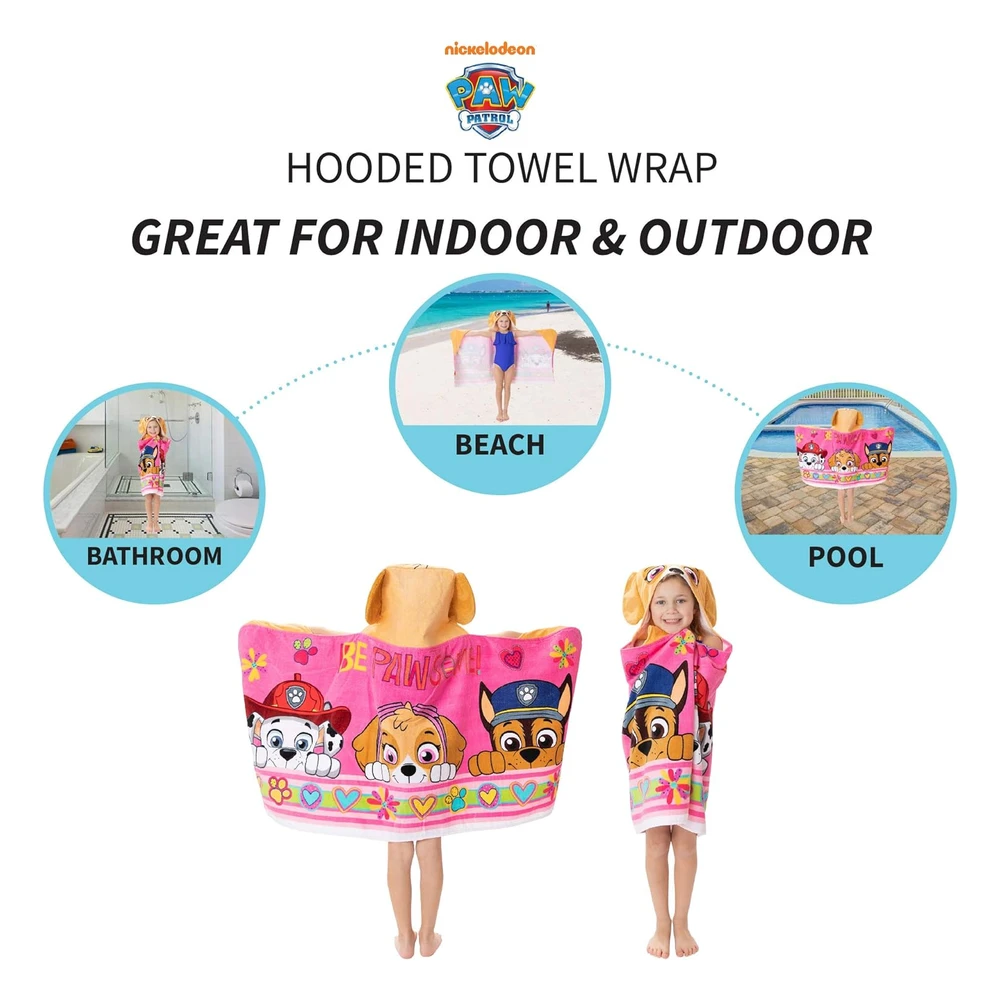 Franco - Toalla de Rizo de Algodón Suave con Capucha Para Niños, Para Uso En Baño Y Playa, 24 x 50 Pulgadas, Paw Patrol, Rosa