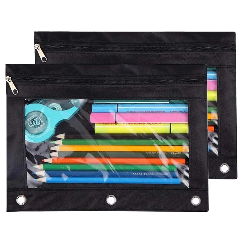 TOPWOOZU ESTUCHE PARA LÁPICES CON 3 ANILLAS, CON CREMALLERA, ESTUCHE PARA COSMÉTICOS, COLOR NEGRO, PAQUETE DE 2 - NEGRO