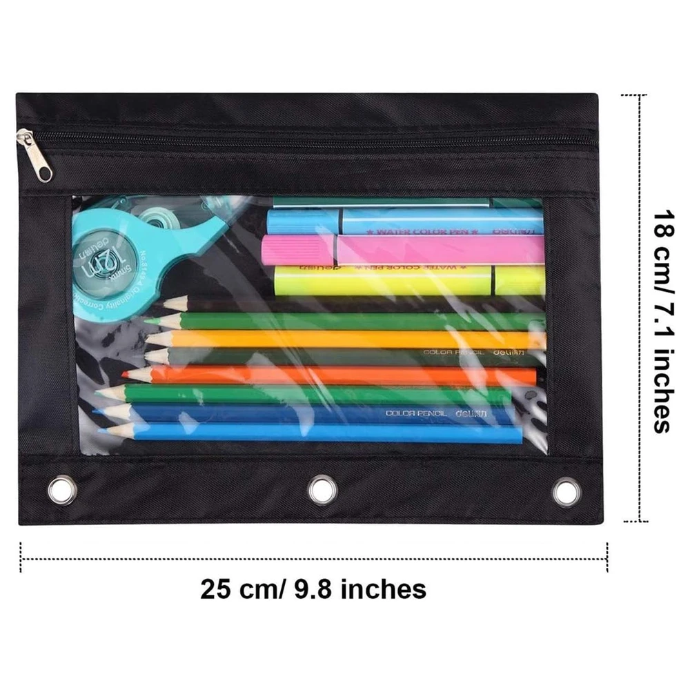 B07QDHC9KG_1.webp TOPWOOZU ESTUCHE PARA LÁPICES CON 3 ANILLAS, CON CREMALLERA, ESTUCHE PARA COSMÉTICOS, COLOR NEGRO, PAQUETE DE 2 - NEGRO