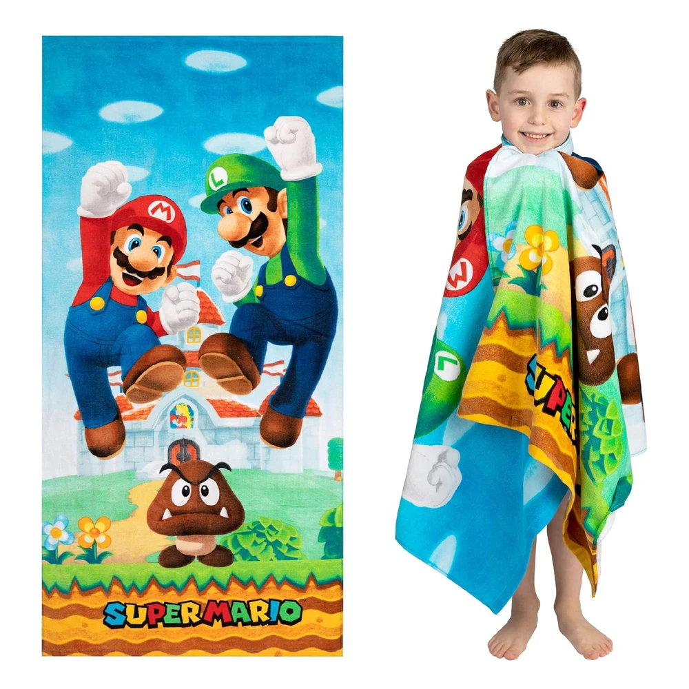 B08527BMVF.webp Franco - Toalla Infantil de Baño, Piscina, Playa, de Algodón Supersuave, 58 x 28 Pulgadas, Super Mario "Official Nintendo"