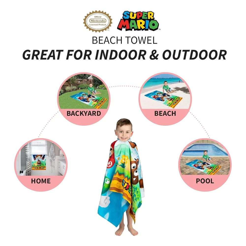 B08527BMVF_2.webp Franco - Toalla Infantil de Baño, Piscina, Playa, de Algodón Supersuave, 58 x 28 Pulgadas, Super Mario "Official Nintendo"