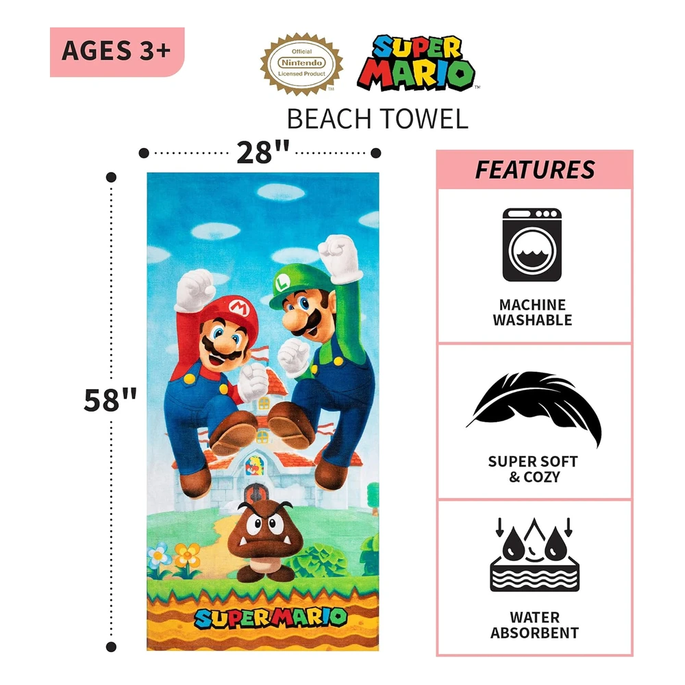 B08527BMVF_3.webp Franco - Toalla Infantil de Baño, Piscina, Playa, de Algodón Supersuave, 58 x 28 Pulgadas, Super Mario "Official Nintendo"